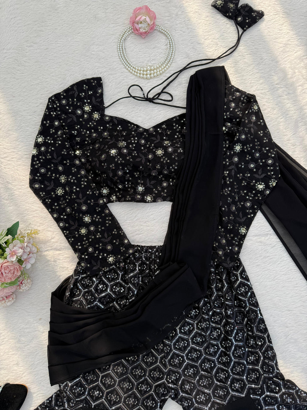 Midnight Foux Gorgette Elegance Sequin Embroidered Sharara Choli; (For Size Details See Description)