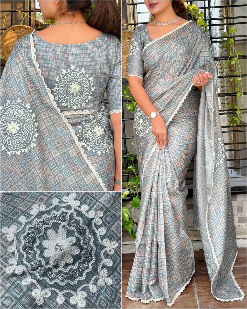 Buy New Nargis Tusser Linen Cotton With All Over Digital Print & Hand Katha Work