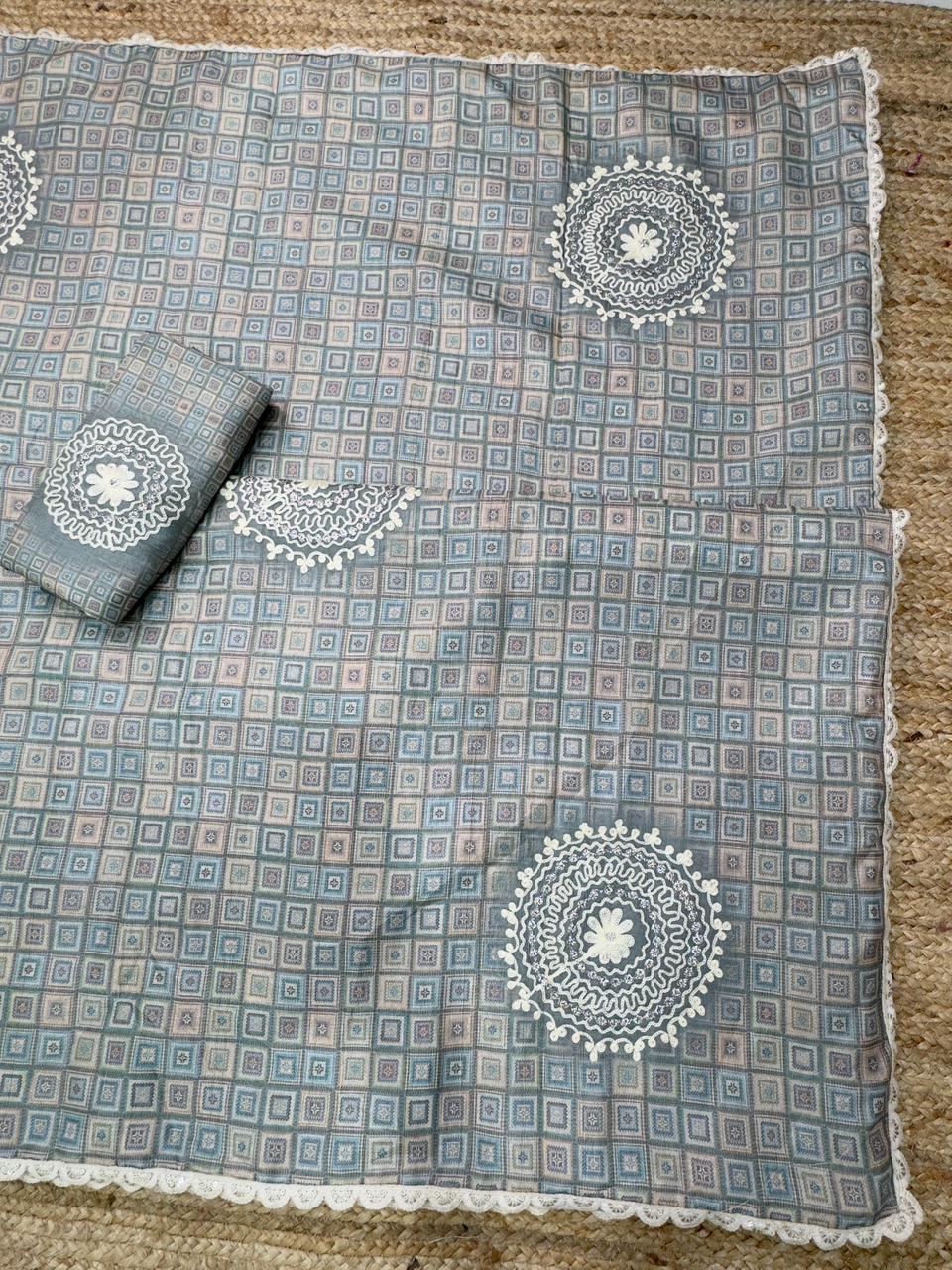 Buy New Nargis Tusser Linen Cotton With All Over Digital Print & Hand Katha Work