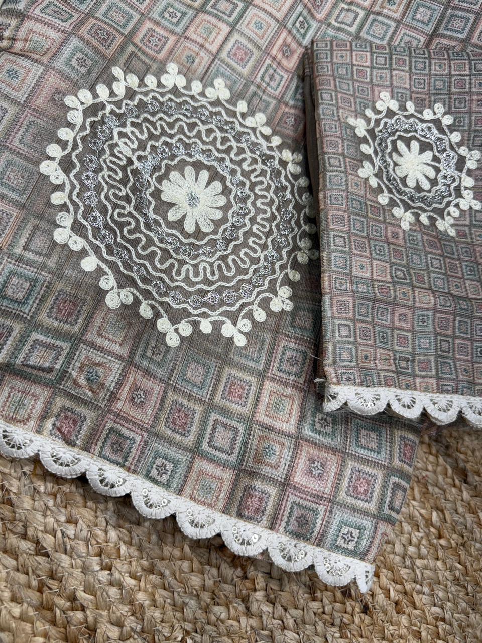 Buy New Nargis Tusser Linen Cotton With All Over Digital Print & Hand Katha Work