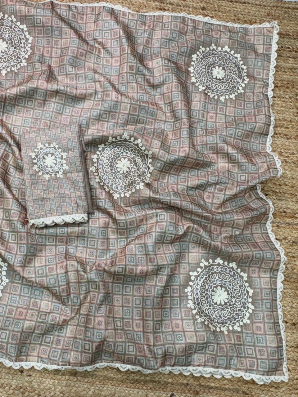 Buy New Nargis Tusser Linen Cotton With All Over Digital Print & Hand Katha Work