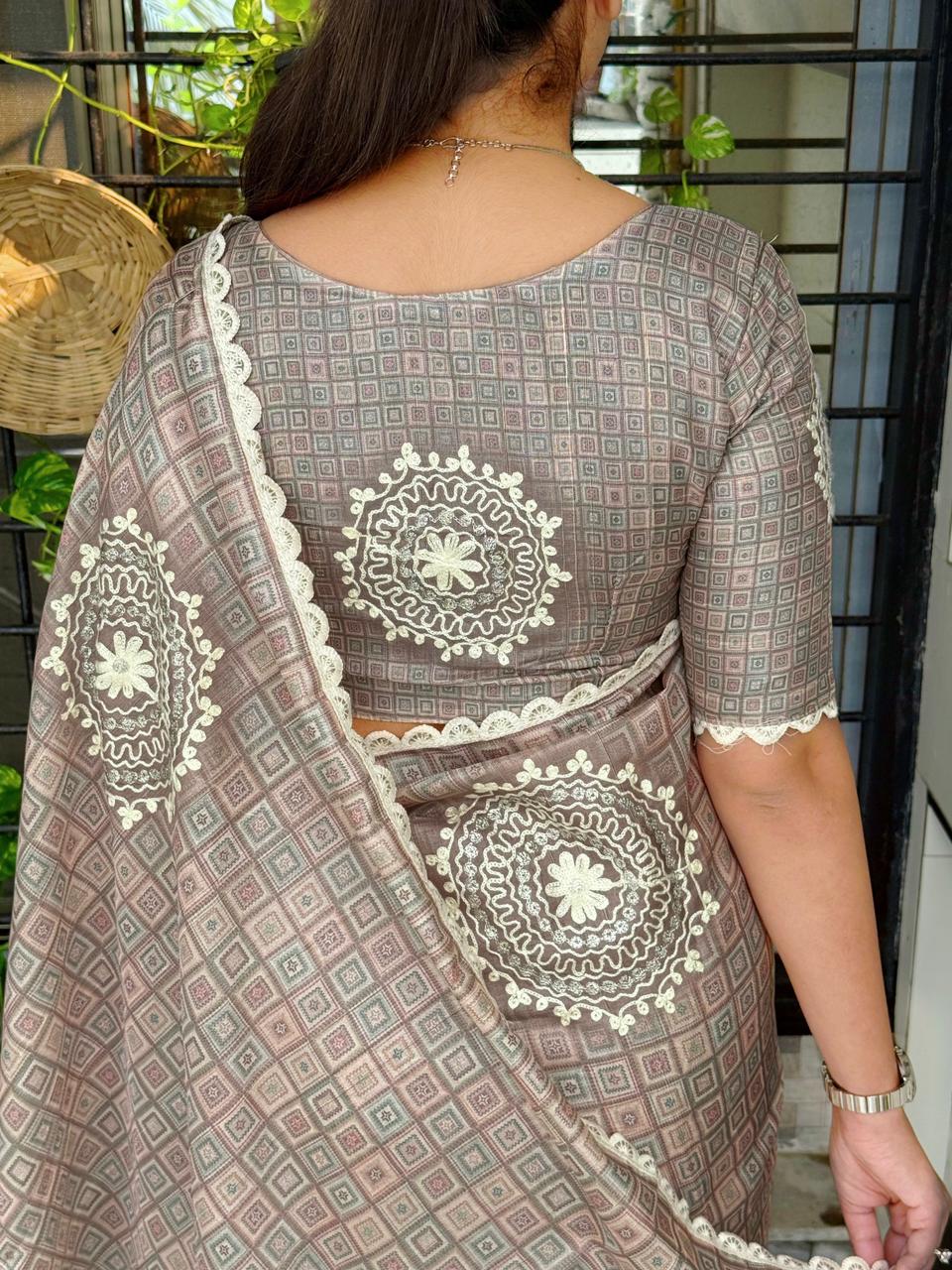 Buy New Nargis Tusser Linen Cotton With All Over Digital Print & Hand Katha Work