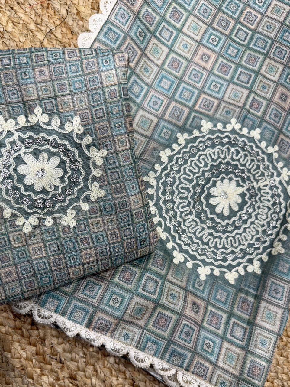 Buy New Nargis Tusser Linen Cotton With All Over Digital Print & Hand Katha Work