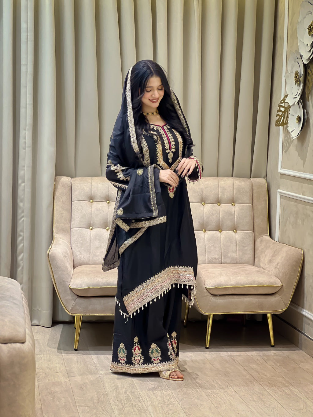 FESTIVAL ETHNIC OUTFIT SEQUENCE EMBROIDERY ON SILK FABRIC TOP AND PLAZZO WITH DUPATTA SET (For Other Size Details See Description)