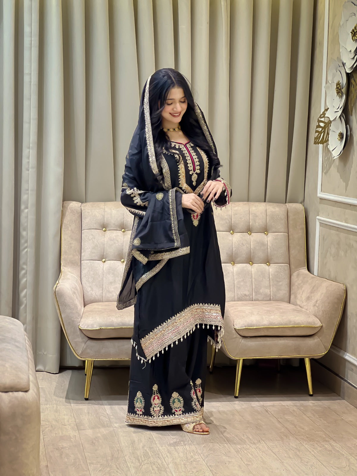 FESTIVAL ETHNIC OUTFIT SEQUENCE EMBROIDERY ON SILK FABRIC TOP AND PLAZZO WITH DUPATTA SET (For Other Size Details See Description)