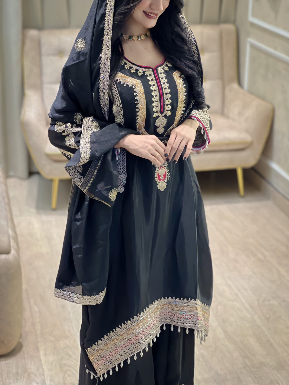 FESTIVAL ETHNIC OUTFIT SEQUENCE EMBROIDERY ON SILK FABRIC TOP AND PLAZZO WITH DUPATTA SET (For Other Size Details See Description)