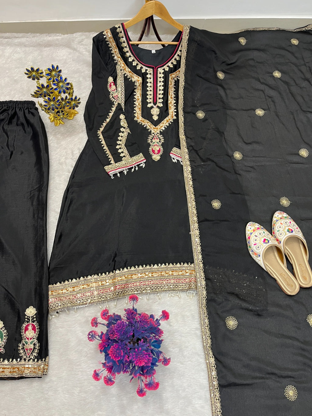 FESTIVAL ETHNIC OUTFIT SEQUENCE EMBROIDERY ON SILK FABRIC TOP AND PLAZZO WITH DUPATTA SET (For Other Size Details See Description)