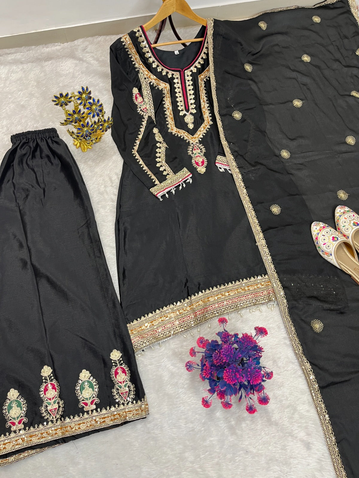 FESTIVAL ETHNIC OUTFIT SEQUENCE EMBROIDERY ON SILK FABRIC TOP AND PLAZZO WITH DUPATTA SET (For Other Size Details See Description)