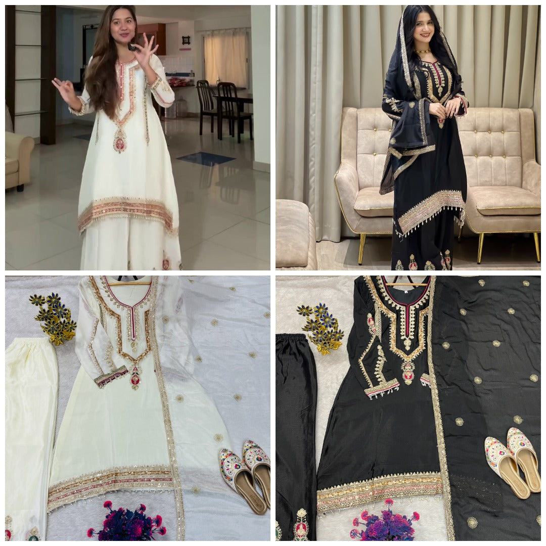 FESTIVAL ETHNIC OUTFIT SEQUENCE EMBROIDERY ON SILK FABRIC TOP AND PLAZZO WITH DUPATTA SET (For Other Size Details See Description)