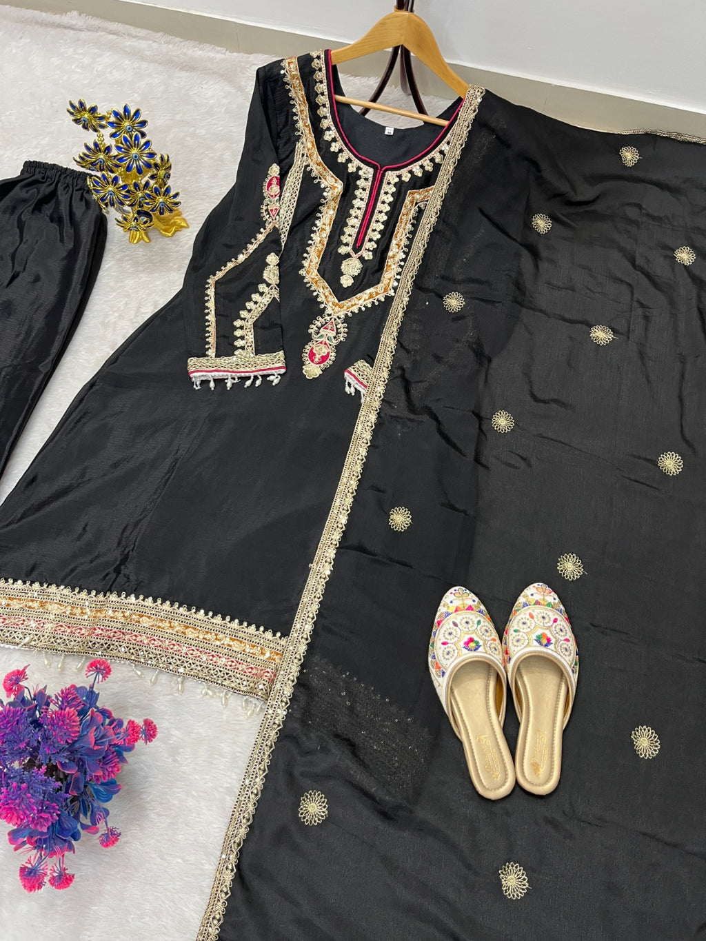 FESTIVAL ETHNIC OUTFIT SEQUENCE EMBROIDERY ON SILK FABRIC TOP AND PLAZZO WITH DUPATTA SET (For Other Size Details See Description)