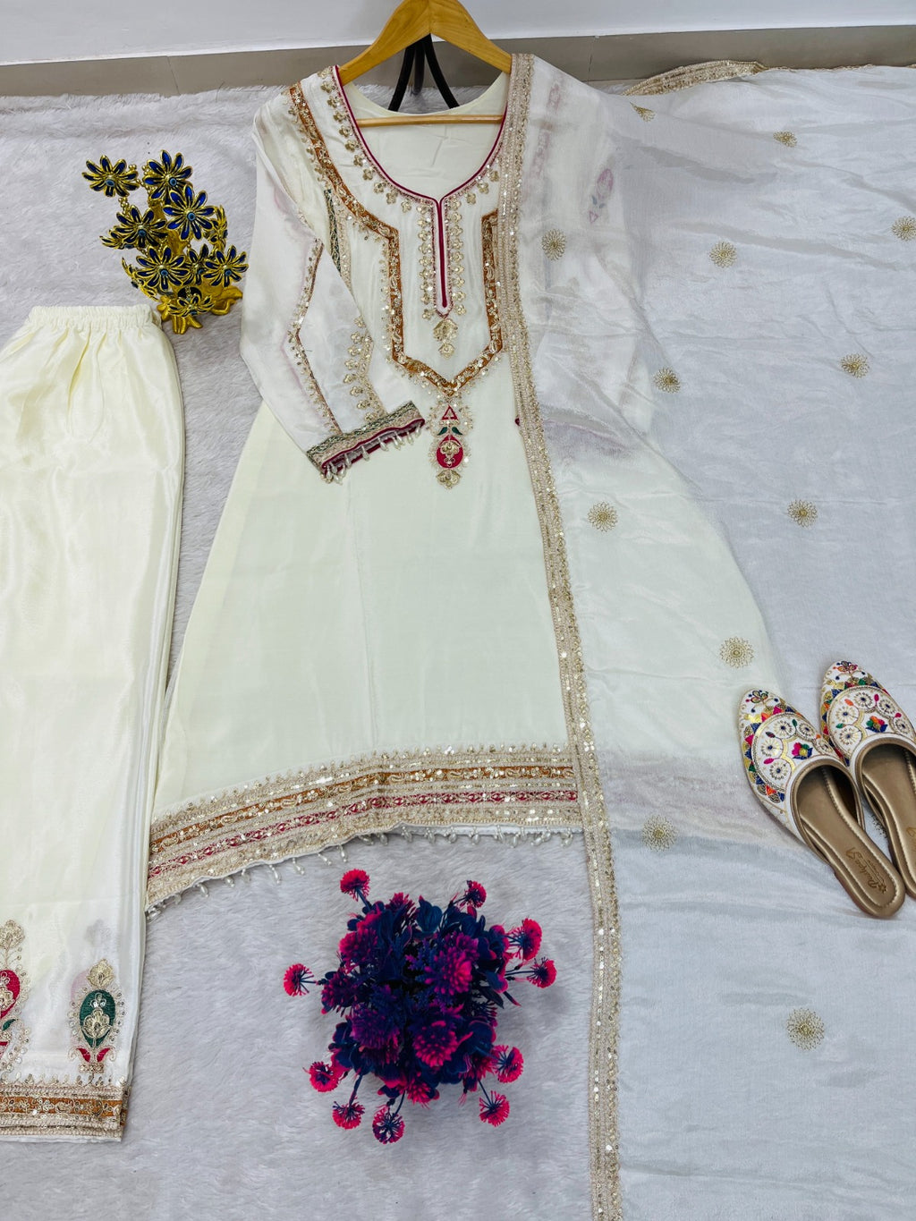 FESTIVAL ETHNIC OUTFIT SEQUENCE EMBROIDERY ON SILK FABRIC TOP AND PLAZZO WITH DUPATTA SET (For Other Size Details See Description)
