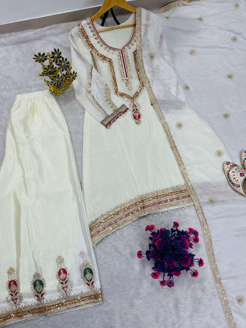 FESTIVAL ETHNIC OUTFIT SEQUENCE EMBROIDERY ON SILK FABRIC TOP AND PLAZZO WITH DUPATTA SET (For Other Size Details See Description)
