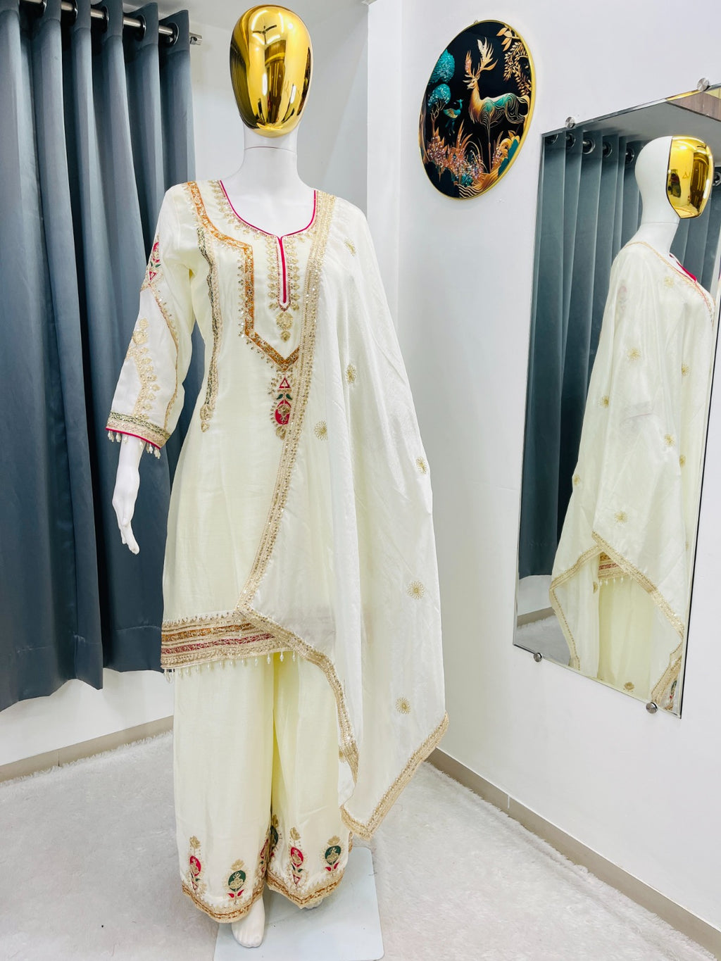 FESTIVAL ETHNIC OUTFIT SEQUENCE EMBROIDERY ON SILK FABRIC TOP AND PLAZZO WITH DUPATTA SET (For Other Size Details See Description)
