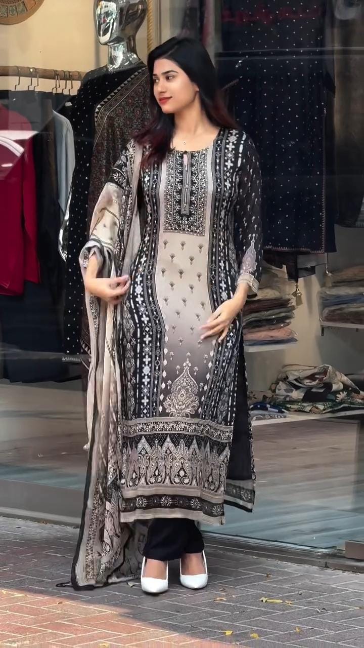 Heavy Muslim Simmer With Digital Print Lace Works Full Sleeve Kurti Set