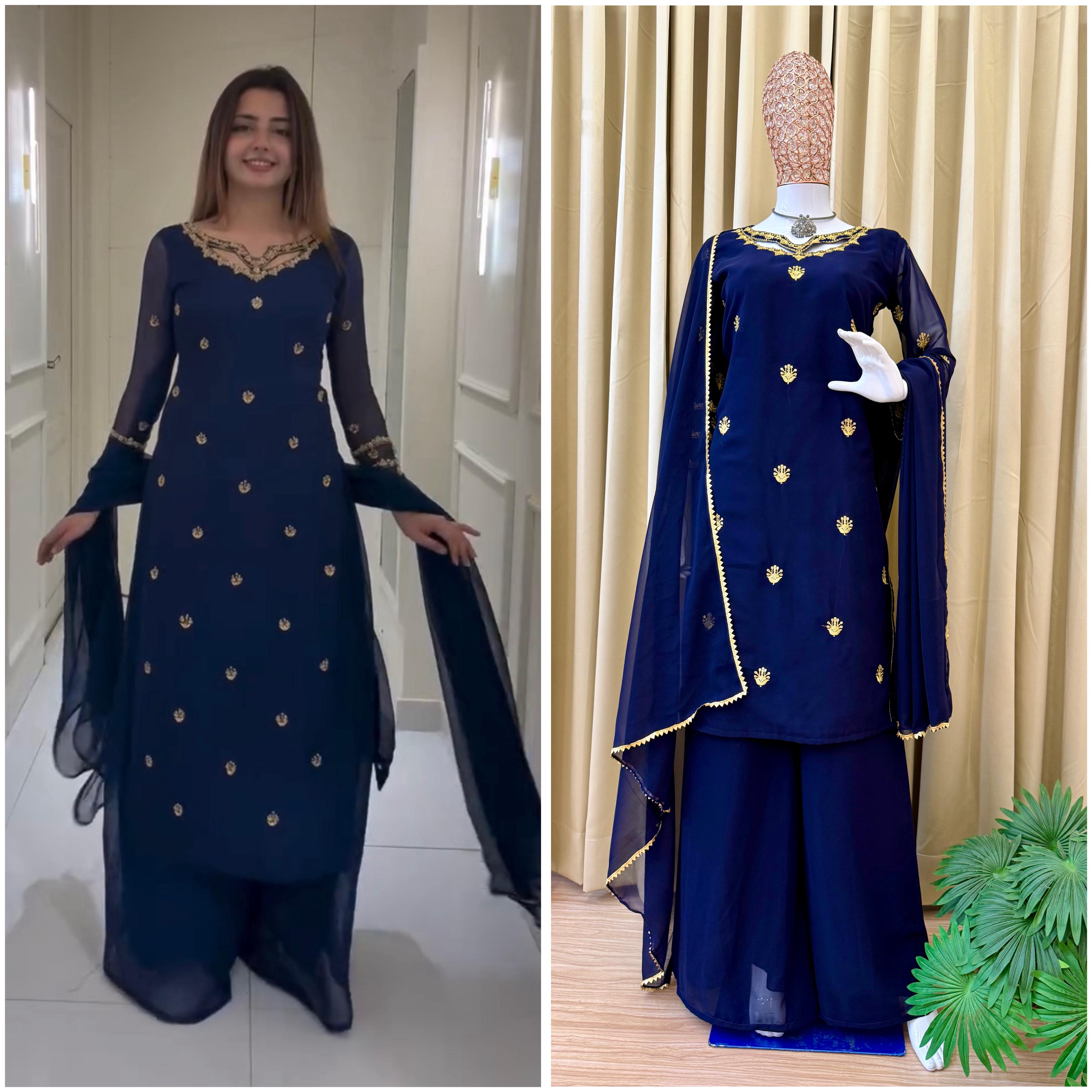 NEW SUPERHIT TRENDING FESTIVE COLLECTION KURTI, PLAZZO & DUPATTA SET WITH EMBROIDERY WORK ON FAUX GEORGETTE FABRIC