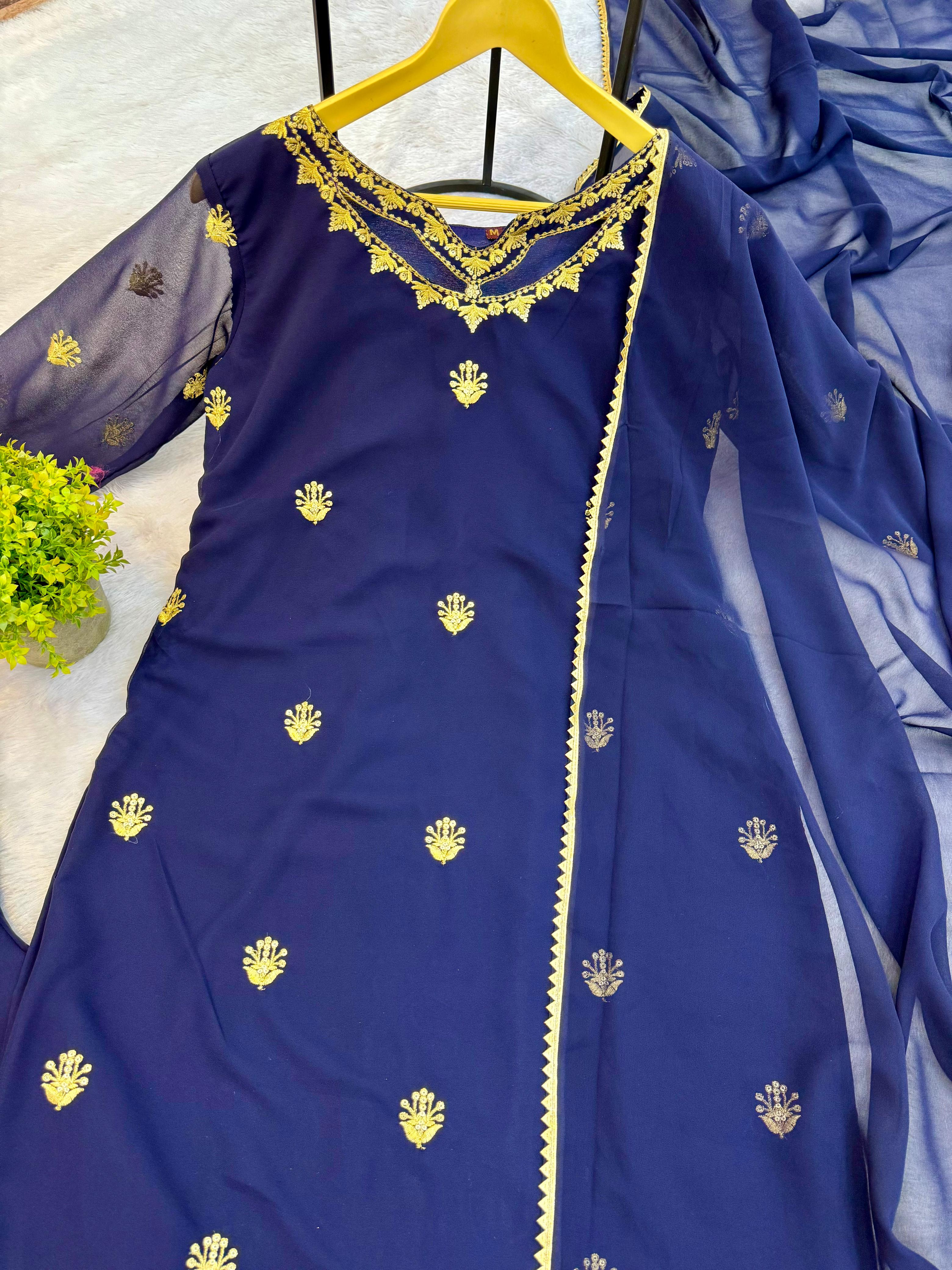 NEW SUPERHIT TRENDING FESTIVE COLLECTION KURTI, PLAZZO & DUPATTA SET WITH EMBROIDERY WORK ON FAUX GEORGETTE FABRIC