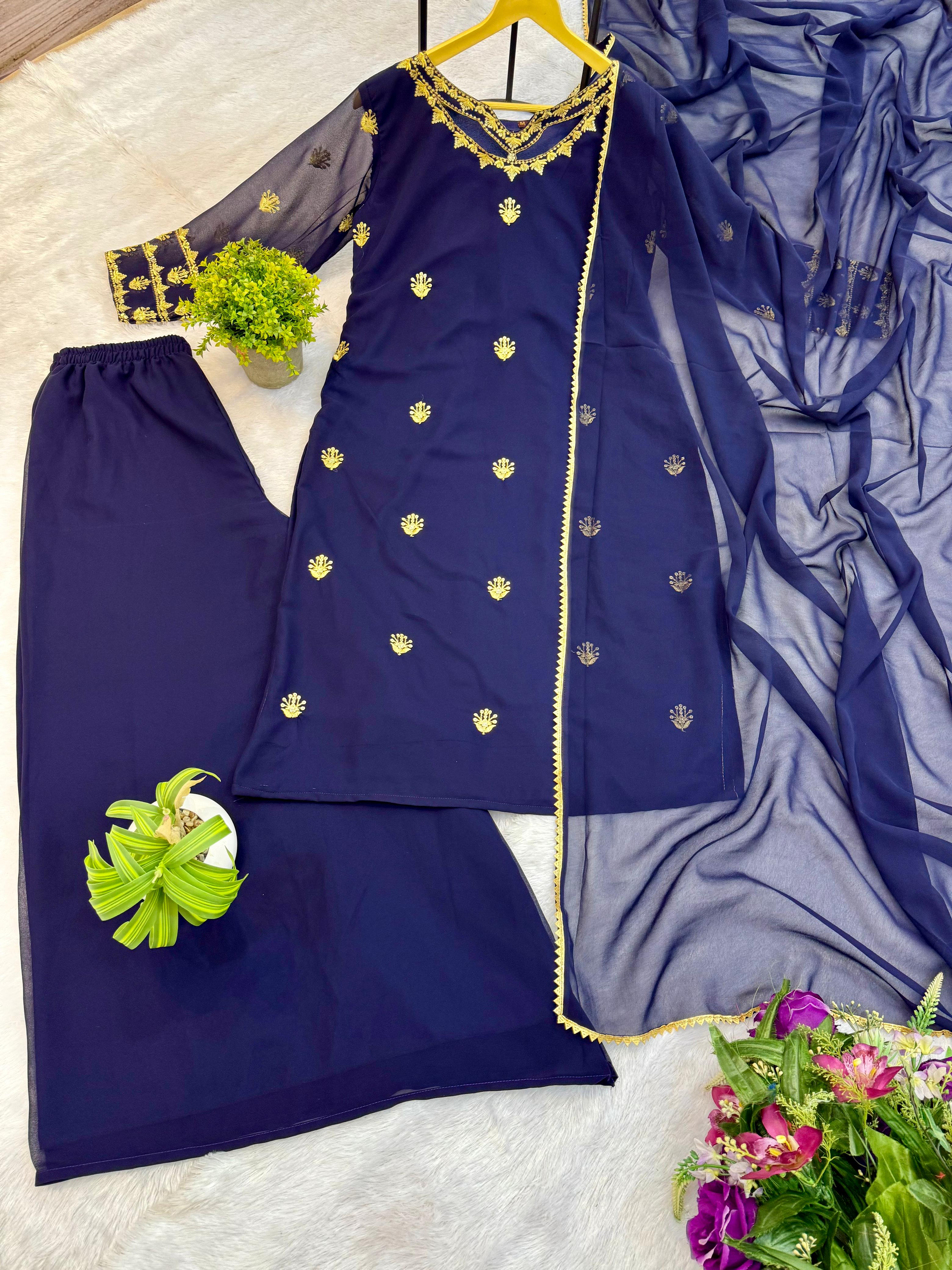 NEW SUPERHIT TRENDING FESTIVE COLLECTION KURTI, PLAZZO & DUPATTA SET WITH EMBROIDERY WORK ON FAUX GEORGETTE FABRIC