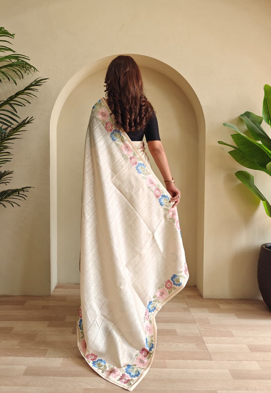 Pure Tusser Cotton Silk Premium Contrast Embroidery All Over The Border With Floral  Pattern
