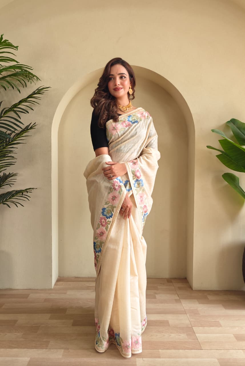 Pure Tusser Cotton Silk Premium Contrast Embroidery All Over The Border With Floral  Pattern