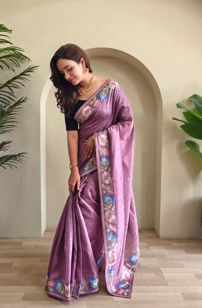 Pure Tusser Cotton Silk Premium Contrast Embroidery All Over The Border With Floral  Pattern