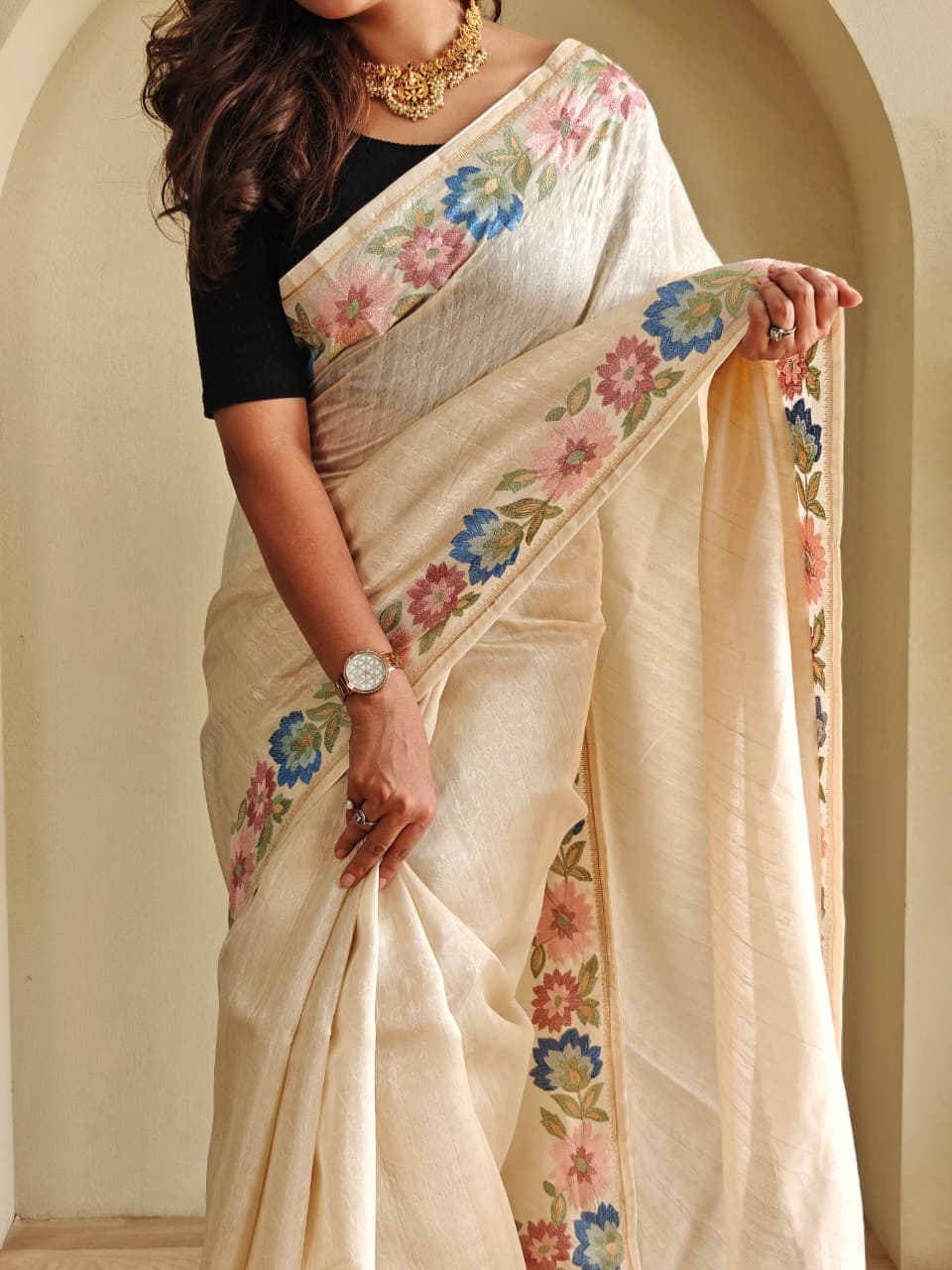 Pure Tusser Cotton Silk Premium Contrast Embroidery All Over The Border With Floral  Pattern
