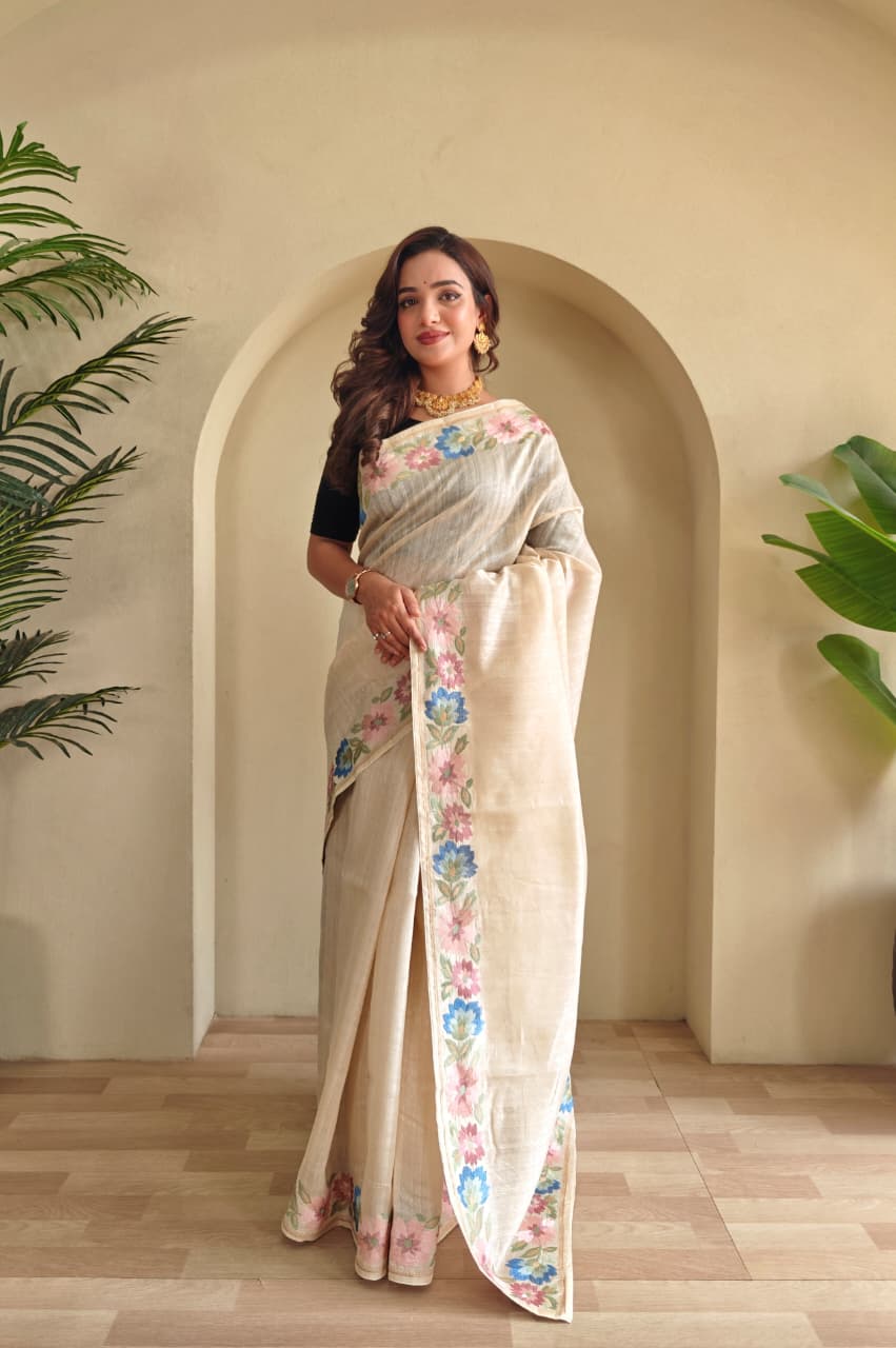 Pure Tusser Cotton Silk Premium Contrast Embroidery All Over The Border With Floral  Pattern