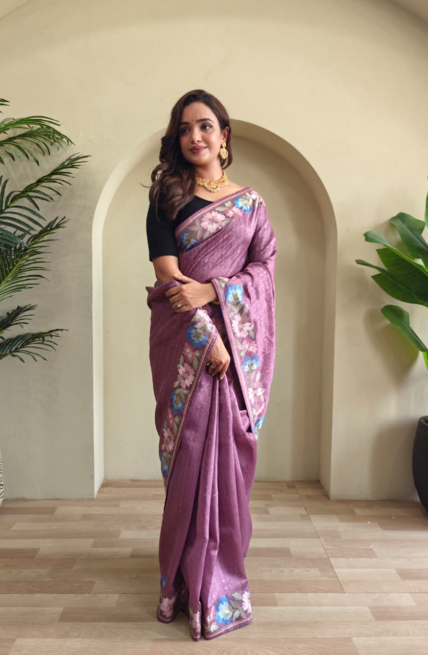 Pure Tusser Cotton Silk Premium Contrast Embroidery All Over The Border With Floral  Pattern