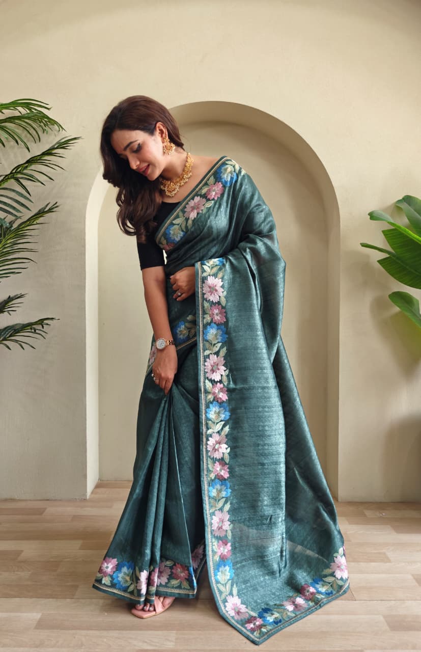 Pure Tusser Cotton Silk Premium Contrast Embroidery All Over The Border With Floral  Pattern