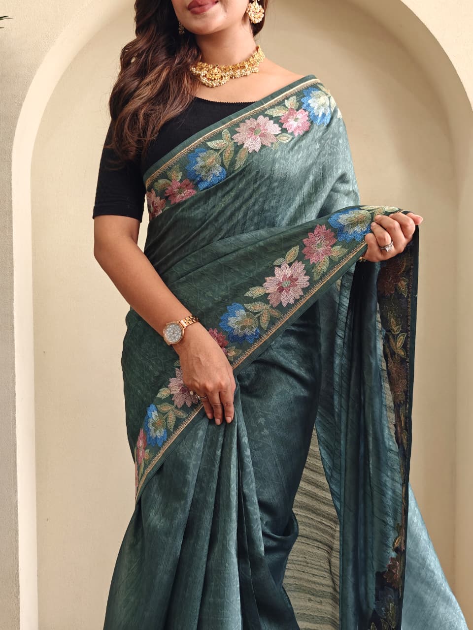 Pure Tusser Cotton Silk Premium Contrast Embroidery All Over The Border With Floral  Pattern
