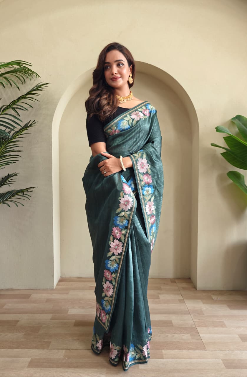 Pure Tusser Cotton Silk Premium Contrast Embroidery All Over The Border With Floral  Pattern
