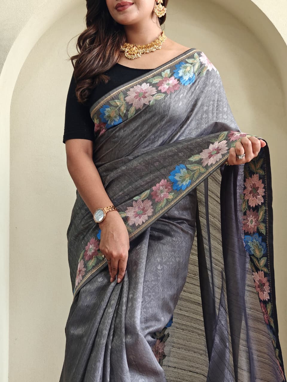 Pure Tusser Cotton Silk Premium Contrast Embroidery All Over The Border With Floral  Pattern