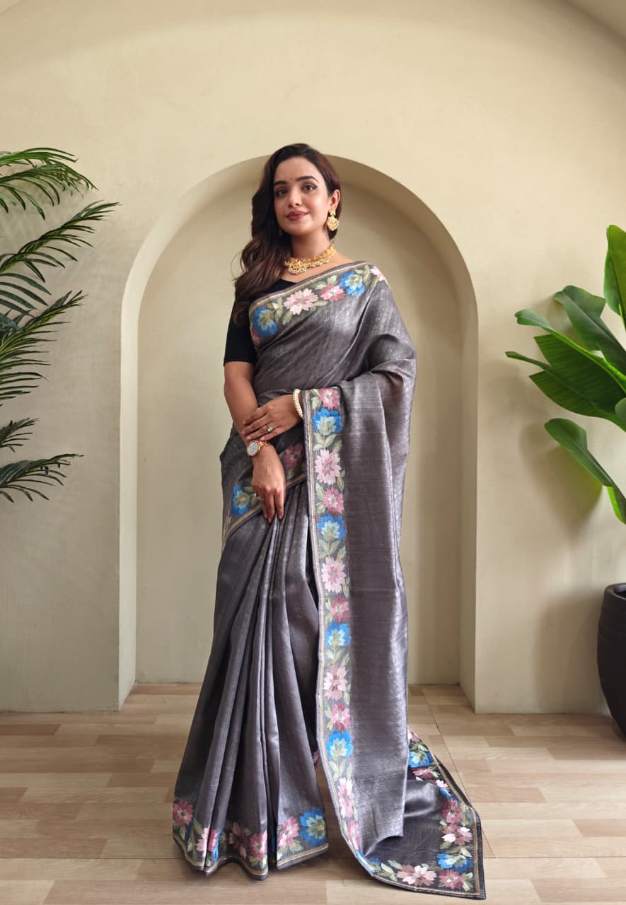 Pure Tusser Cotton Silk Premium Contrast Embroidery All Over The Border With Floral  Pattern