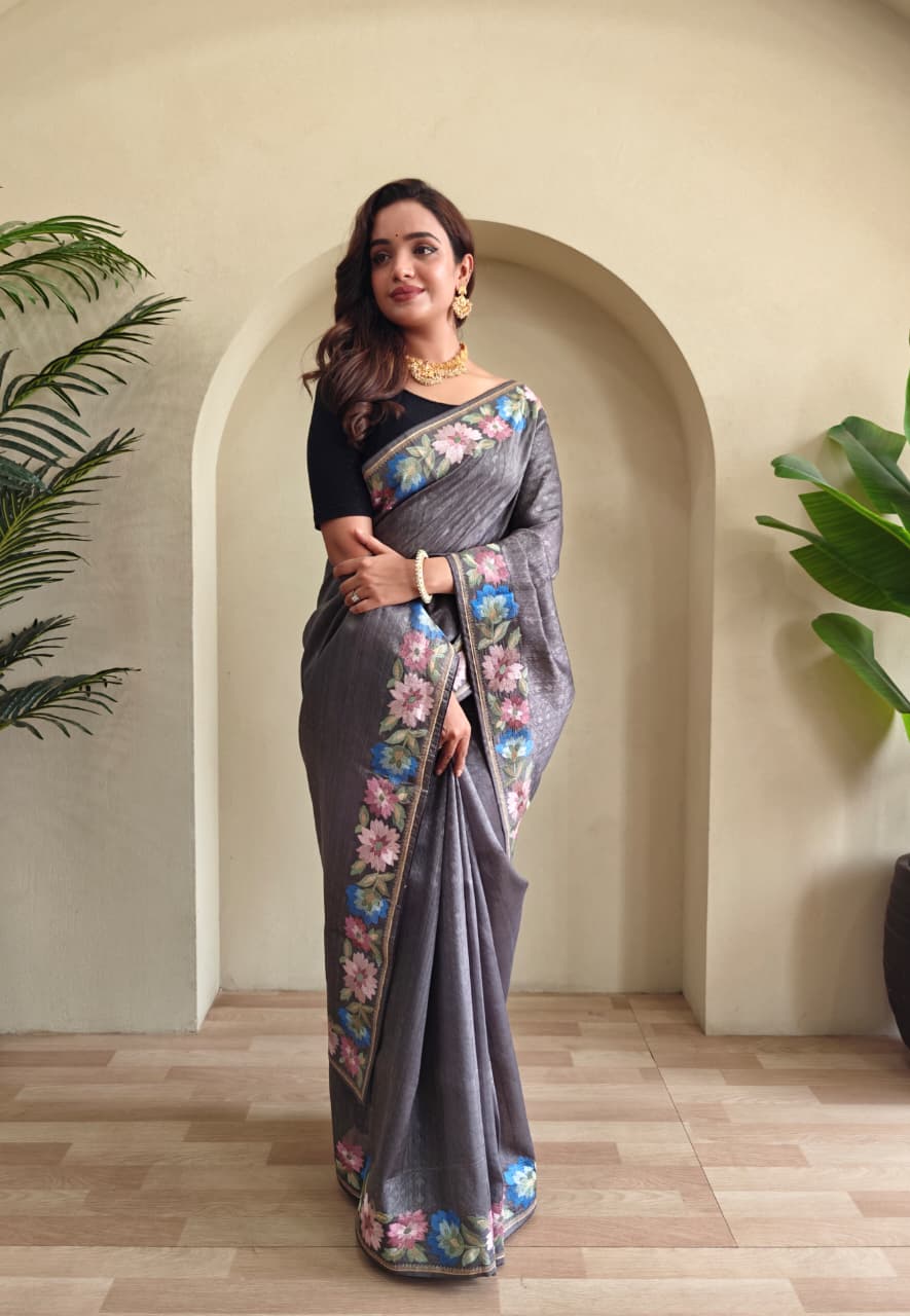 Pure Tusser Cotton Silk Premium Contrast Embroidery All Over The Border With Floral  Pattern