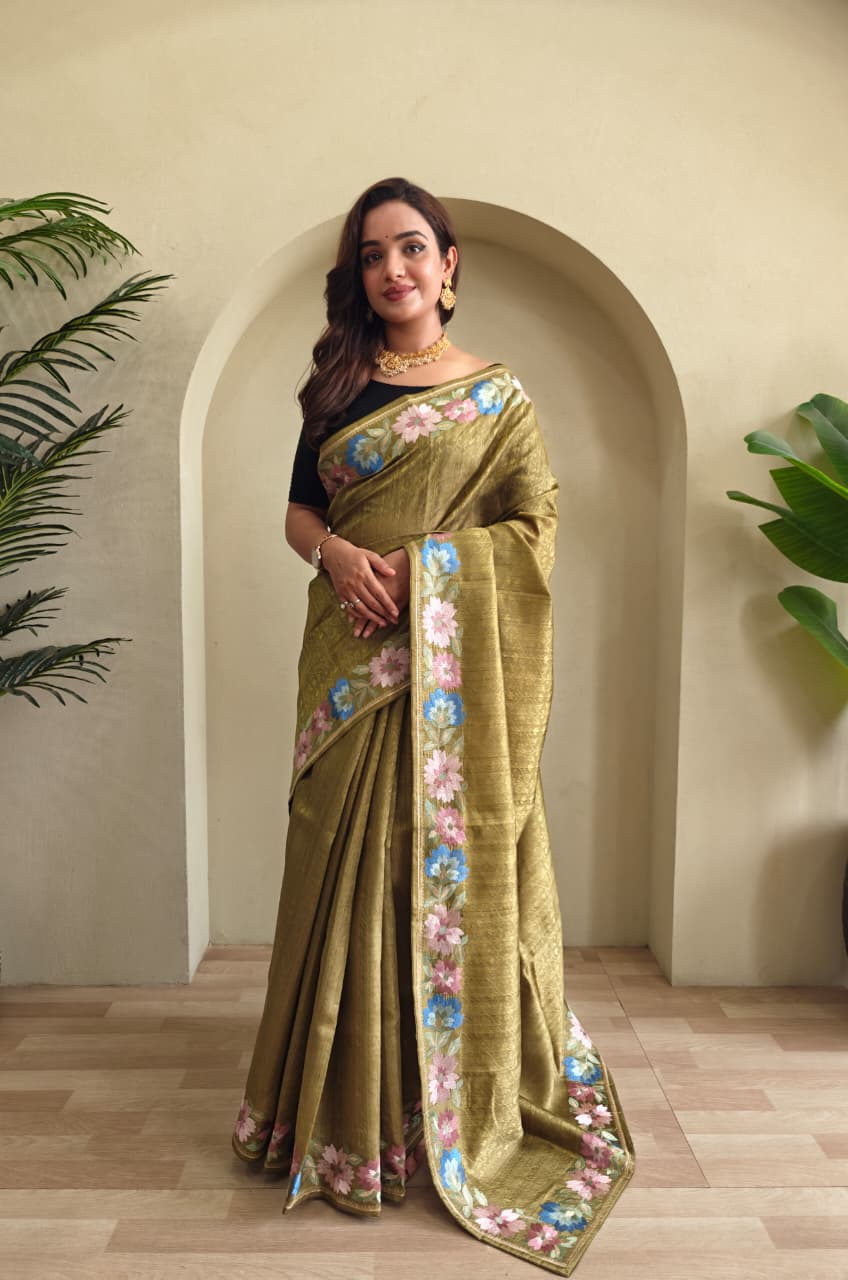 Pure Tusser Cotton Silk Premium Contrast Embroidery All Over The Border With Floral  Pattern