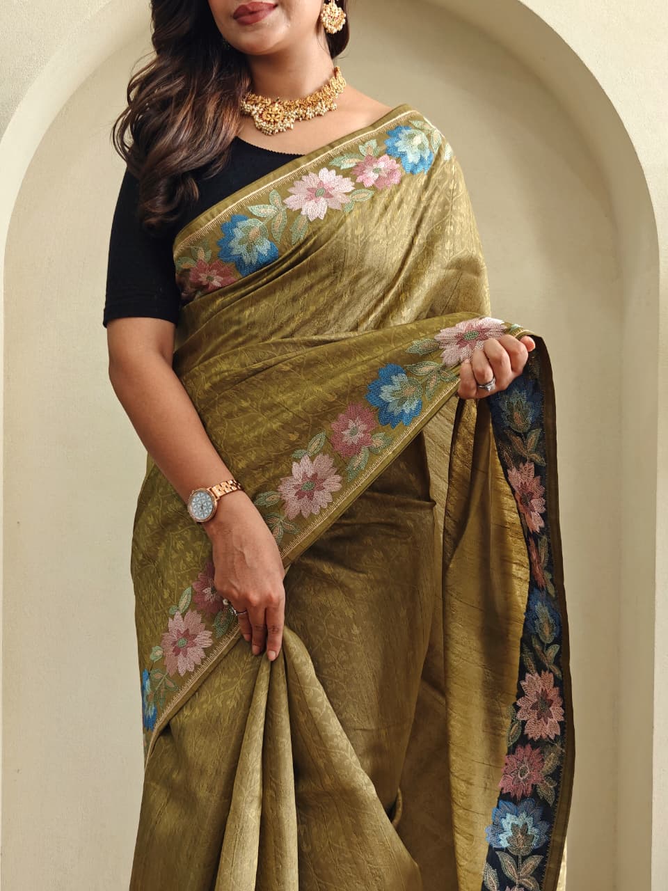 Pure Tusser Cotton Silk Premium Contrast Embroidery All Over The Border With Floral  Pattern