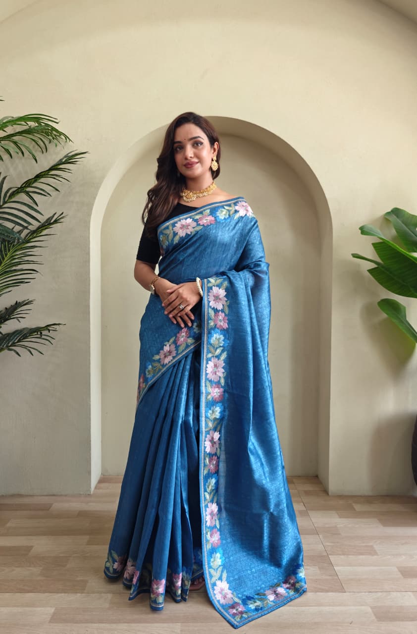 Pure Tusser Cotton Silk Premium Contrast Embroidery All Over The Border With Floral  Pattern