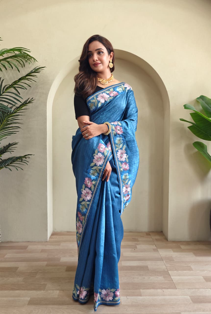 Pure Tusser Cotton Silk Premium Contrast Embroidery All Over The Border With Floral  Pattern