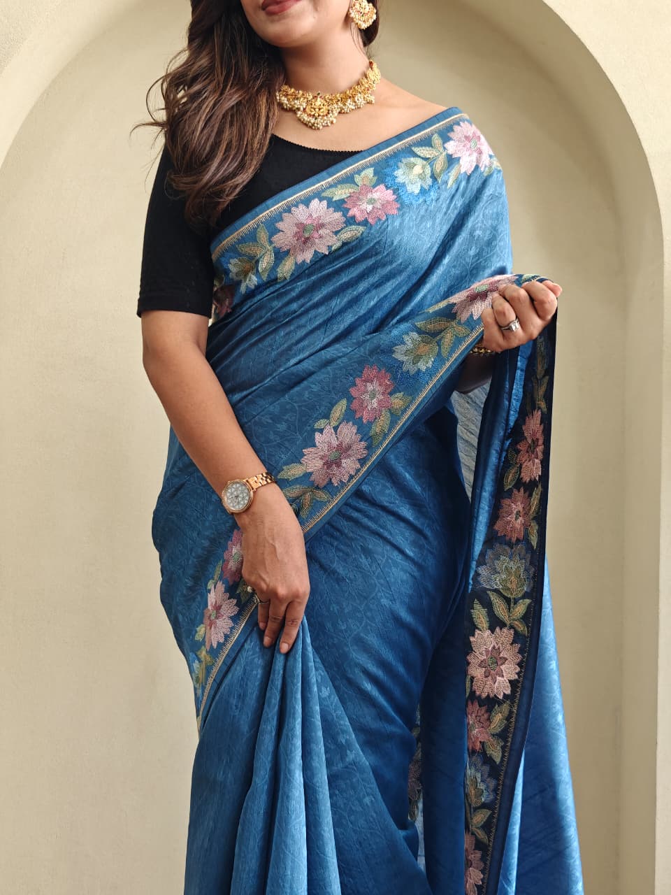Pure Tusser Cotton Silk Premium Contrast Embroidery All Over The Border With Floral  Pattern