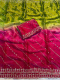 Rich Look Mehandi & Pink Fendy Satin Pedding Fabric With Beautiful Embroidery 3 MM Sequence Work
