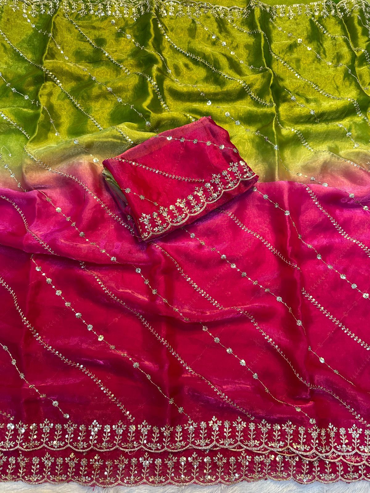 Rich Look Mehandi & Pink Fendy Satin Pedding Fabric With Beautiful Embroidery 3 MM Sequence Work