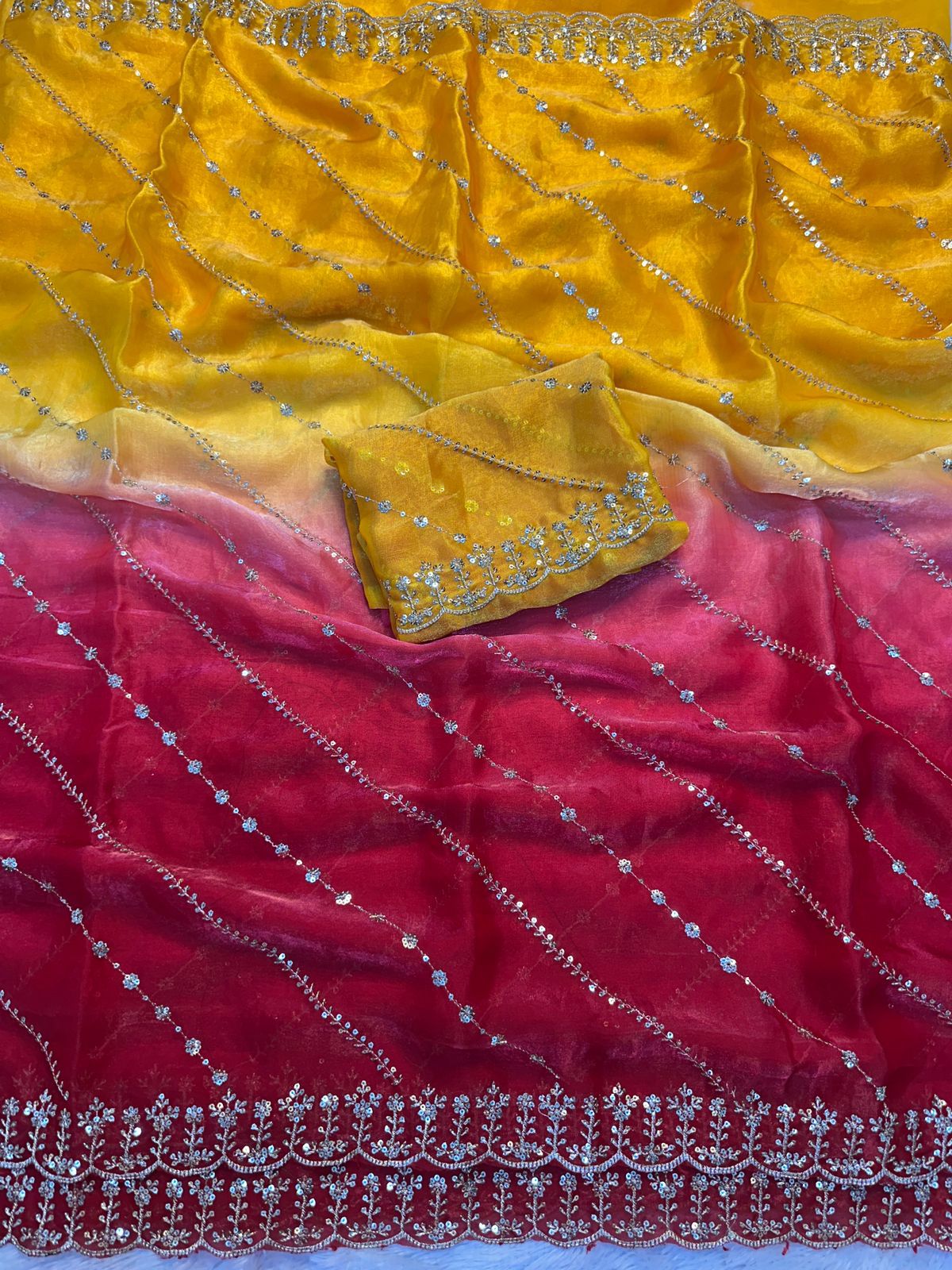 Rich Look Yellow & Pink Fendy Satin Pedding Fabric With Beautiful Embroidery 3 MM Sequence Work