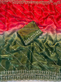 Rich Look Red & Mehandi Fendy Satin Pedding Fabric With Beautiful Embroidery 3 MM Sequence Work