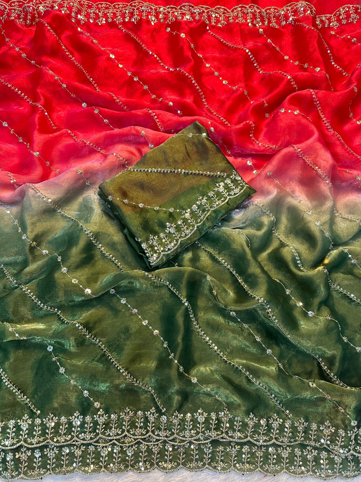 Rich Look Red & Mehandi Fendy Satin Pedding Fabric With Beautiful Embroidery 3 MM Sequence Work