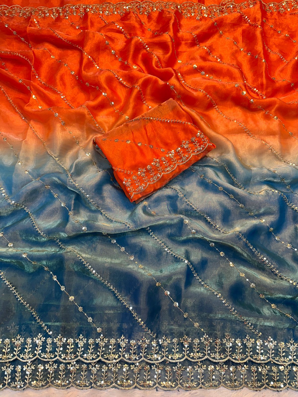 Rich Look Orange & Grey Fendy Satin Pedding Fabric With Beautiful Embroidery 3 MM Sequence Work