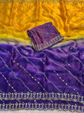 Rich Look Yellow & Blue Fendy Satin Pedding Fabric With Beautiful Embroidery 3 MM Sequence Work