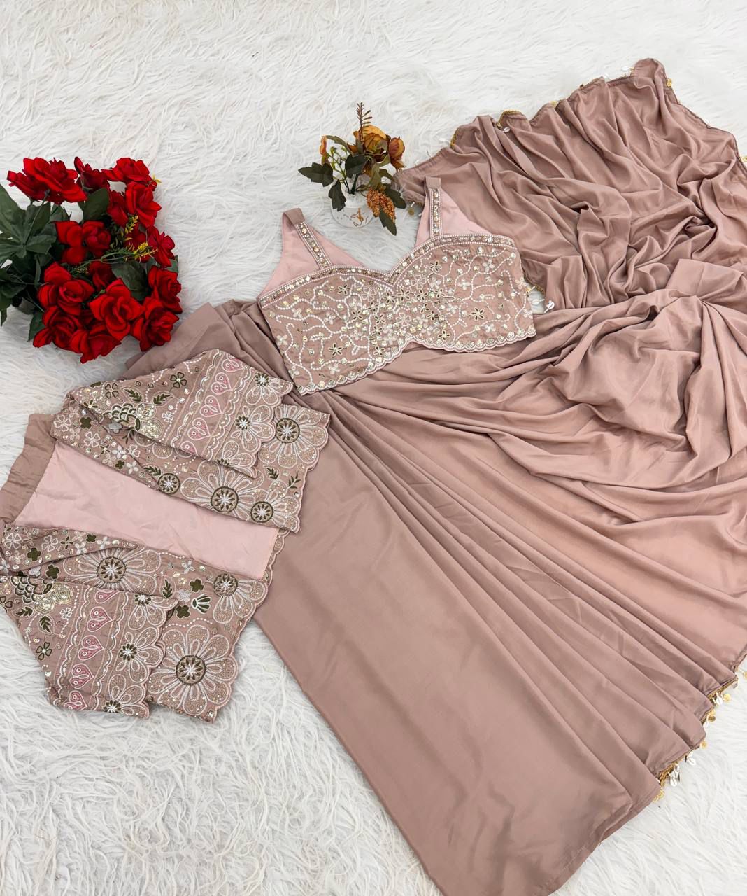 Premium Ready-To-Wear Saree Expertly Tailored With Precise Plats And A Refined Finish With Koti (Jacket)