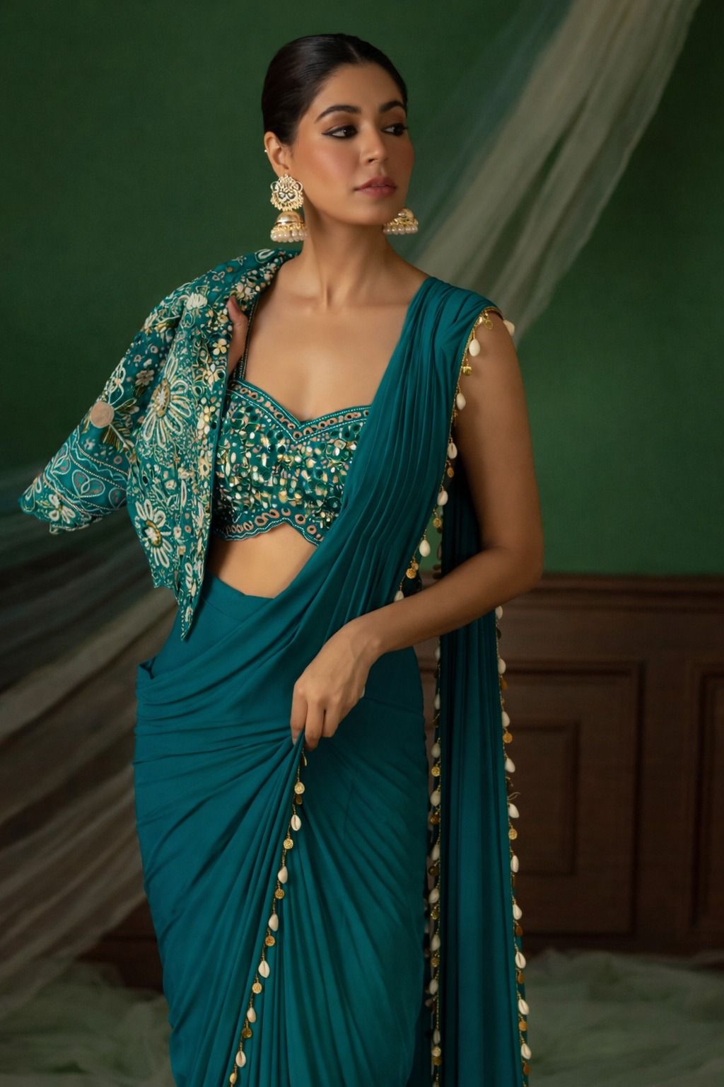 Premium Ready-To-Wear Saree Expertly Tailored With Precise Plats And A Refined Finish With Koti (Jacket)