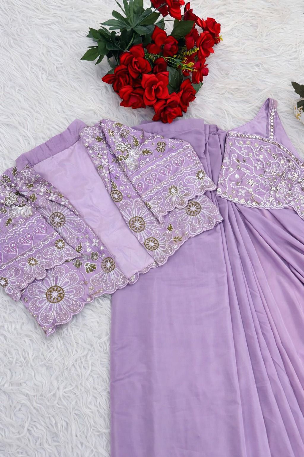 Premium Ready-To-Wear Saree Expertly Tailored With Precise Plats And A Refined Finish With Koti (Jacket)