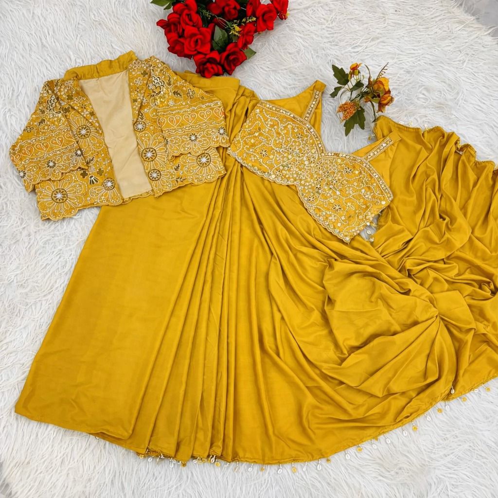 Premium Ready-To-Wear Saree Expertly Tailored With Precise Plats And A Refined Finish With Koti (Jacket)