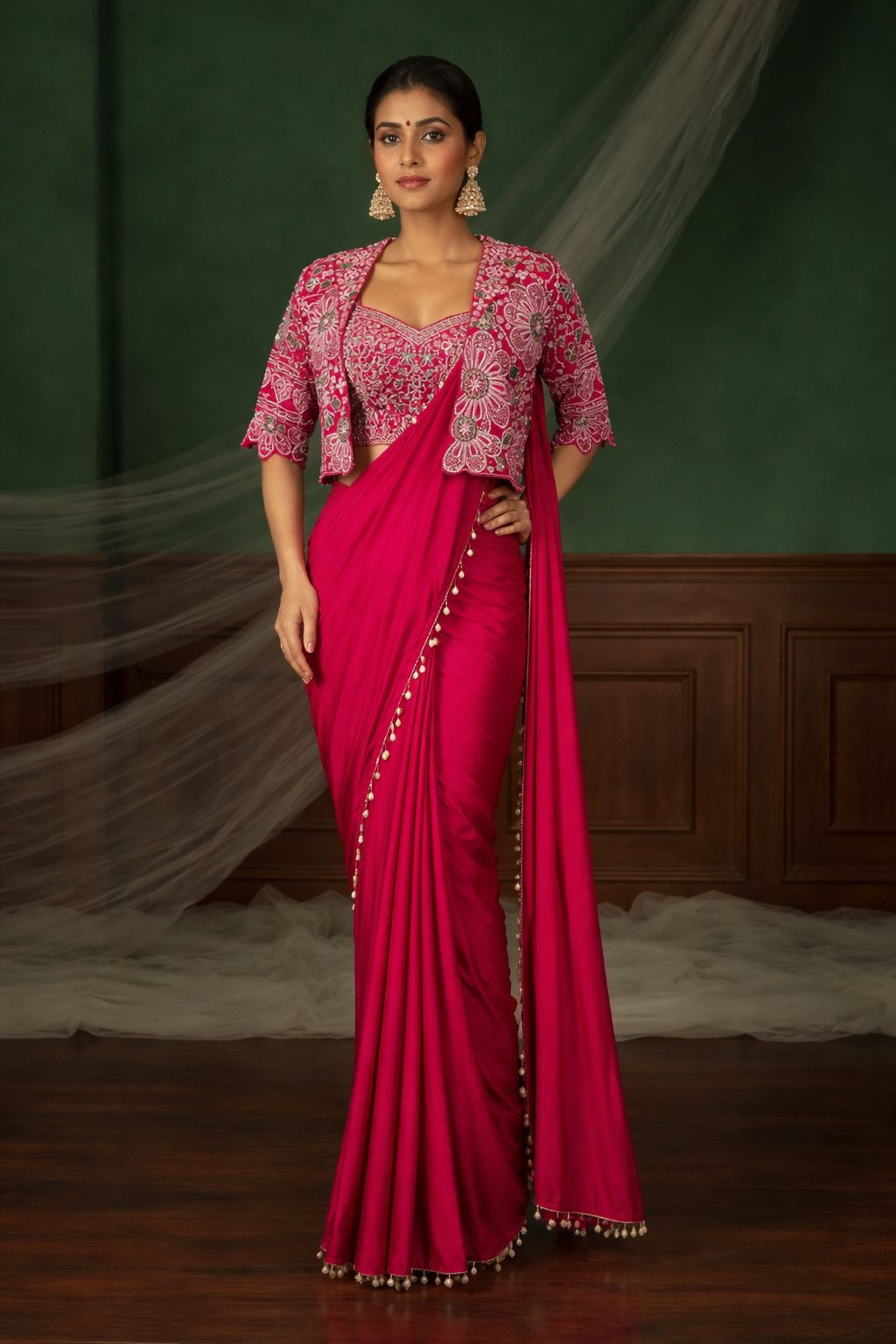 Premium Ready-To-Wear Saree Expertly Tailored With Precise Plats And A Refined Finish With Koti (Jacket)
